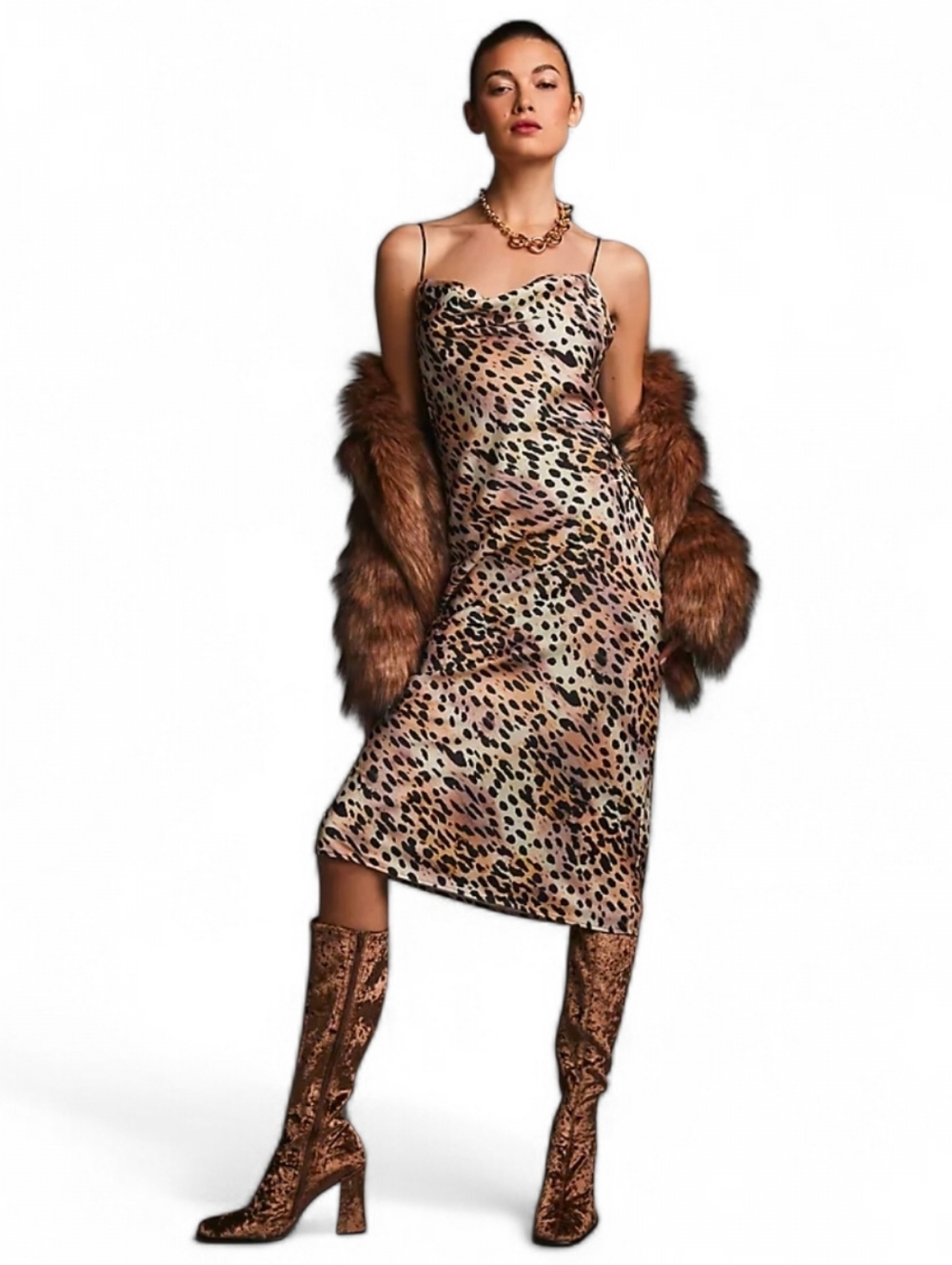 NWT GOOD AMERICAN X REVOLVE Satin Leopard Print Slip Midi Dress - Size 7 (4X)